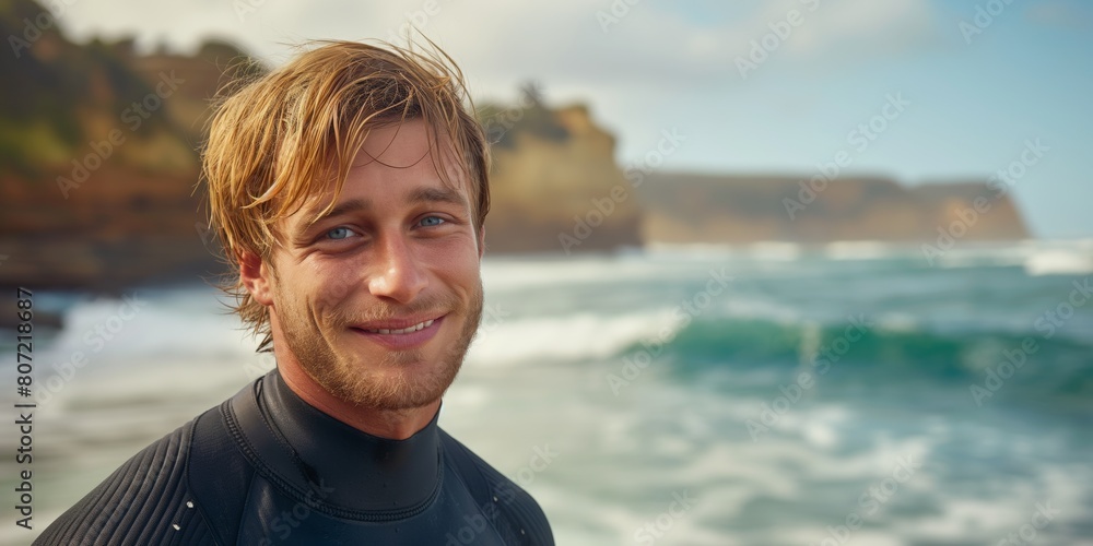 Smiling surfer near the ocean, cliffs in the distance, exuding a carefree and adventurous spirit