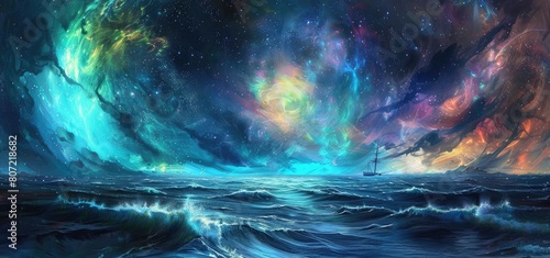 fantasy art of ocean from the bow of a ship  with multicolored energy swirls like bioluminessence in the sky and in the water