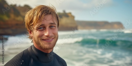 Smiling surfer near the ocean, cliffs in the distance, exuding a carefree and adventurous spirit © gunzexx png and bg
