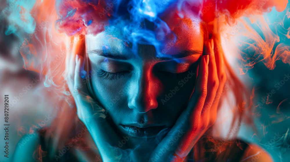 Schizophrenia mental disease suffering woman holding head in ache Schizophrenia mental disease suffering woman holding head in ache