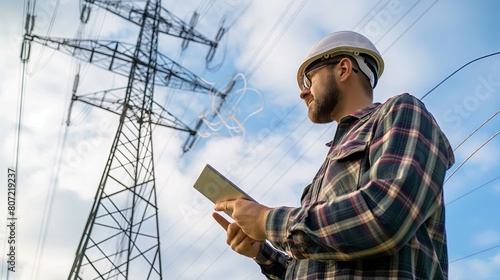 engineer stands near an electric pole and holds a tablet to control electricity