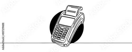 Contactless bank card, credit card in payment terminal, credit card machine, one line art