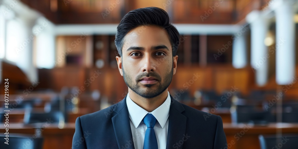 A composed young lawyer poses in a courtroom, symbolizing justice and professionalism A composed young lawyer poses in a courtroom, symbolizing justice and professionalism