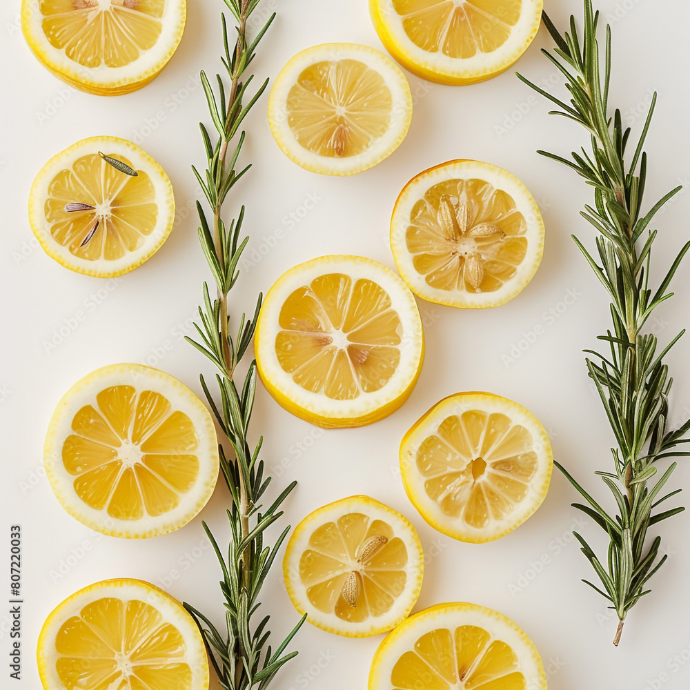 Minimalist design of lemon slices and rosemary on white. Minimalist design of lemon slices and rosemary on white.
