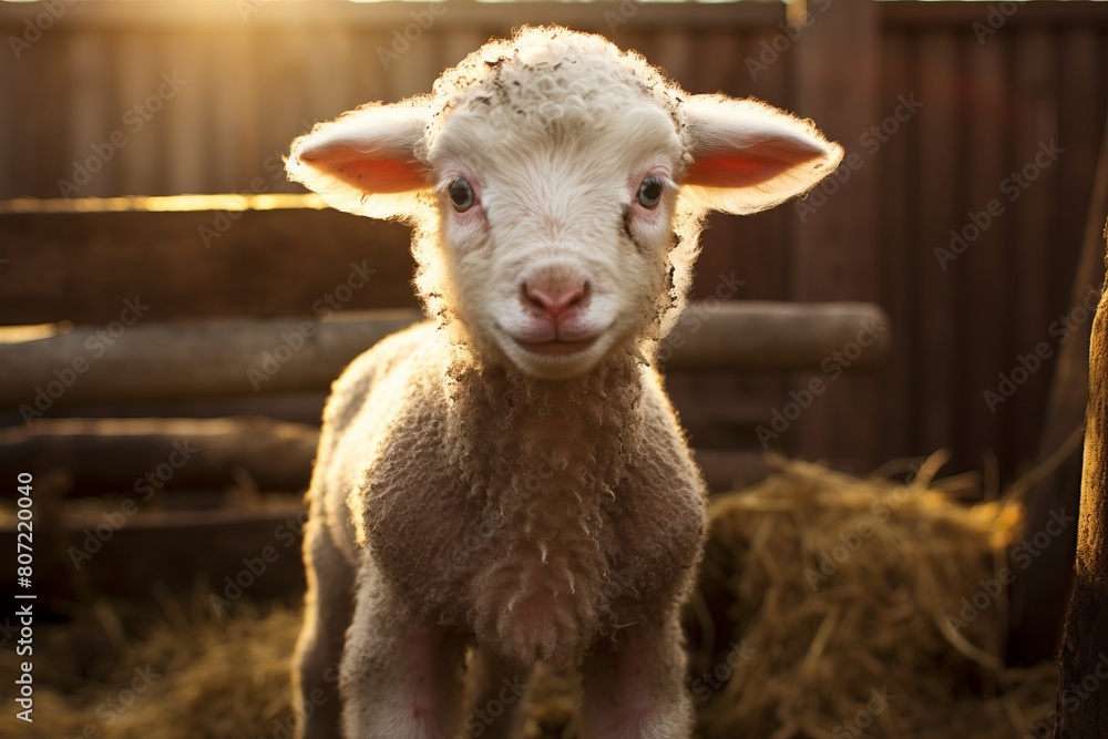 Obraz premium Funny close up portrait of a lamb on a wide angle camera 