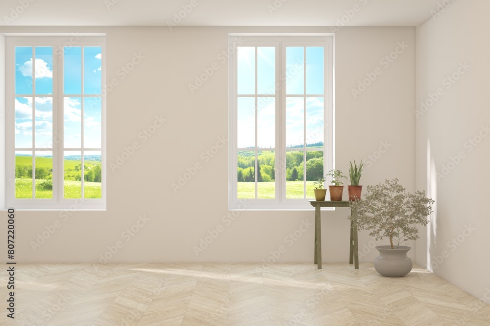 Fototapeta premium White empty room with summer landscape in window. Scandinavian interior design. 3D illustration