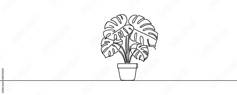 Monstera house plant in pot one line continuous drawing vector illustration. Hand drawn linear icon Monstera house plant in pot one line continuous drawing vector illustration. Hand drawn linear icon
