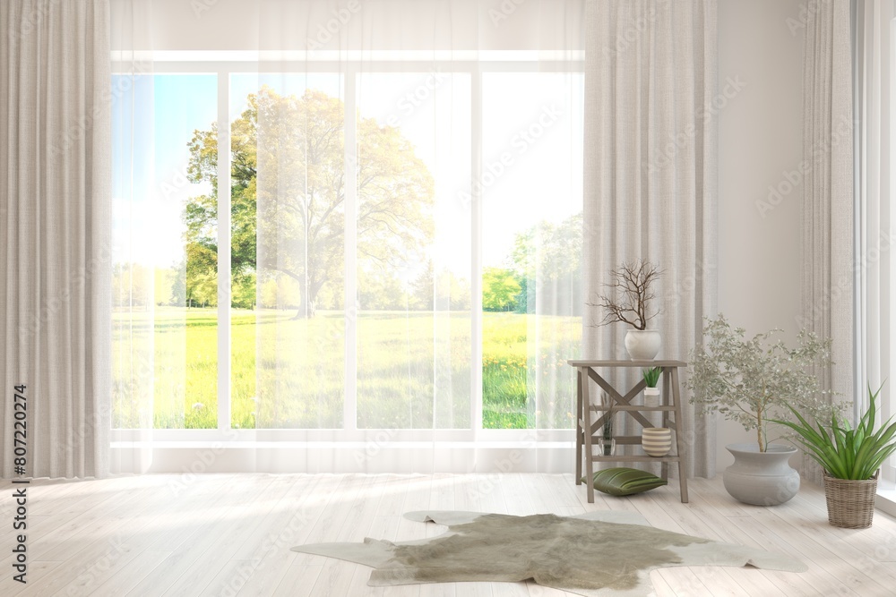 Fototapeta premium White empty room with summer landscape in window. Scandinavian interior design. 3D illustration