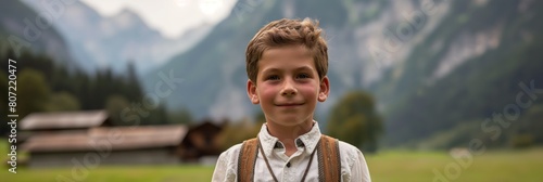 A charming young boy in traditional alpine clothing stands in a mountainous rural setting