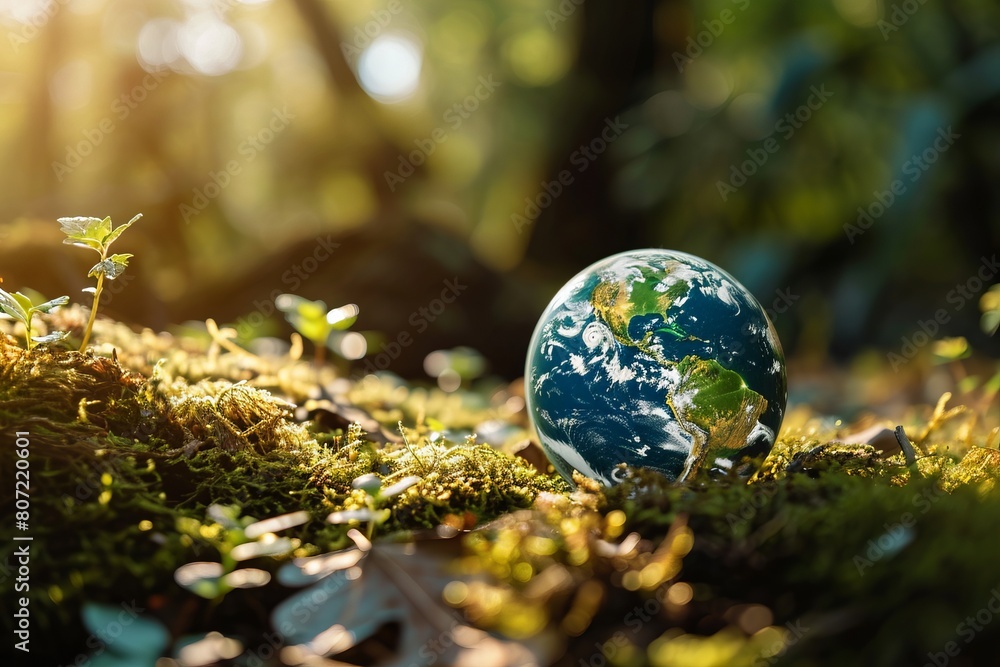 A model of the planet Earth lies on the grass in the middle of nature, forest, concept for celebrating Earth Day, ecology

