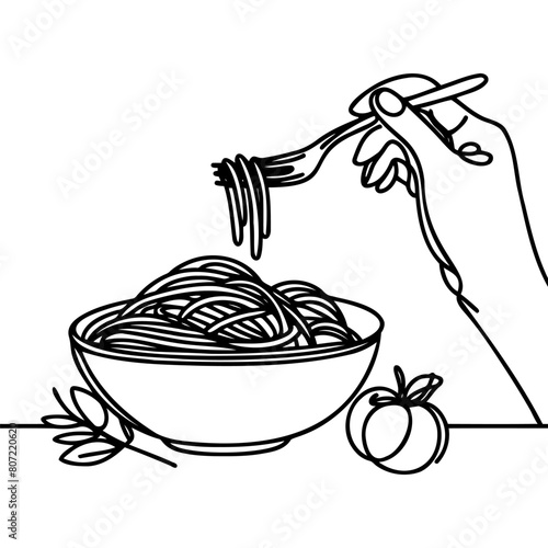 One continuous line drawing of fresh delicious Italian spaghetti pasta restaurant logo emblem. Italy fast food noodle shop logotype template concept.