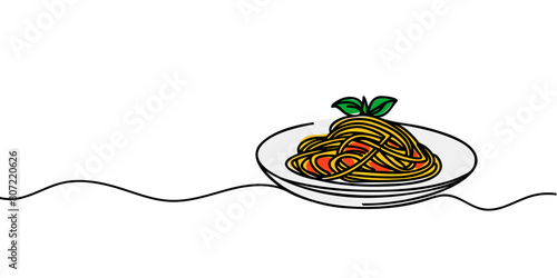 One continuous line drawing of fresh delicious Italian spaghetti pasta restaurant logo emblem. Italy fast food noodle shop logotype template concept.