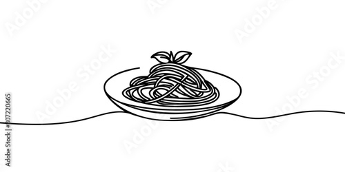 One continuous line drawing of fresh delicious Italian spaghetti pasta restaurant logo emblem. Italy fast food noodle shop logotype template concept.