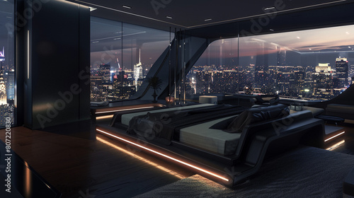 A dark and sophisticated penthouse bedroom, with an ultra-modern bed overlooking the twinkling city lights. 