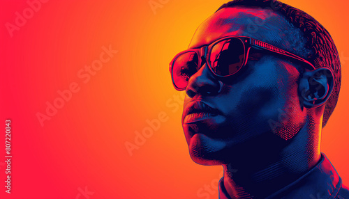 In this vibrant poster-style illustration, a rugged male figure with a close-up portrait dons sunglasses, emanating a sense of toughness against a vibrant orange backdrop
