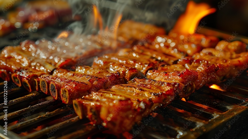 A close-up of sizzling meat on a grill, with flames licking the edges. A close-up of sizzling meat on a grill, with flames licking the edges.