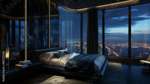 A dark, mysterious penthouse bedroom, with a focus on sleek, contemporary design elements. The large bed faces a gigantic window that offers a view of the sleeping city, photo