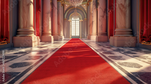 a red carpeted hall with columns and a chandelier without people