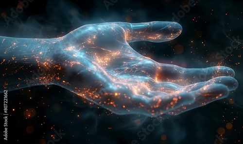A human hand glowing from within on a dark background.