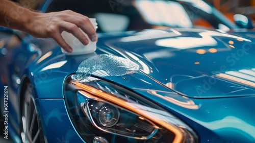Professional car detailing with focus on applying soap on a blue sports car's headlight. © ANStudio
