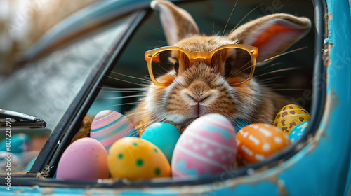 Festive Easter bunny with sunglasses in a car