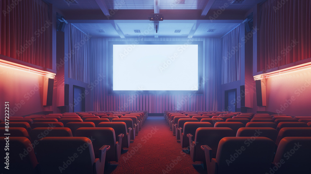 a theater with a big screen and rows of red chairs, cinema hall without people