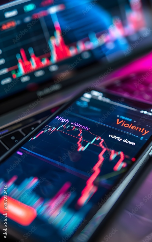 mobile phone displaying a stock market graph and financial data on the screen over a laptop mobile phone displaying a stock market graph and financial data on the screen over a laptop