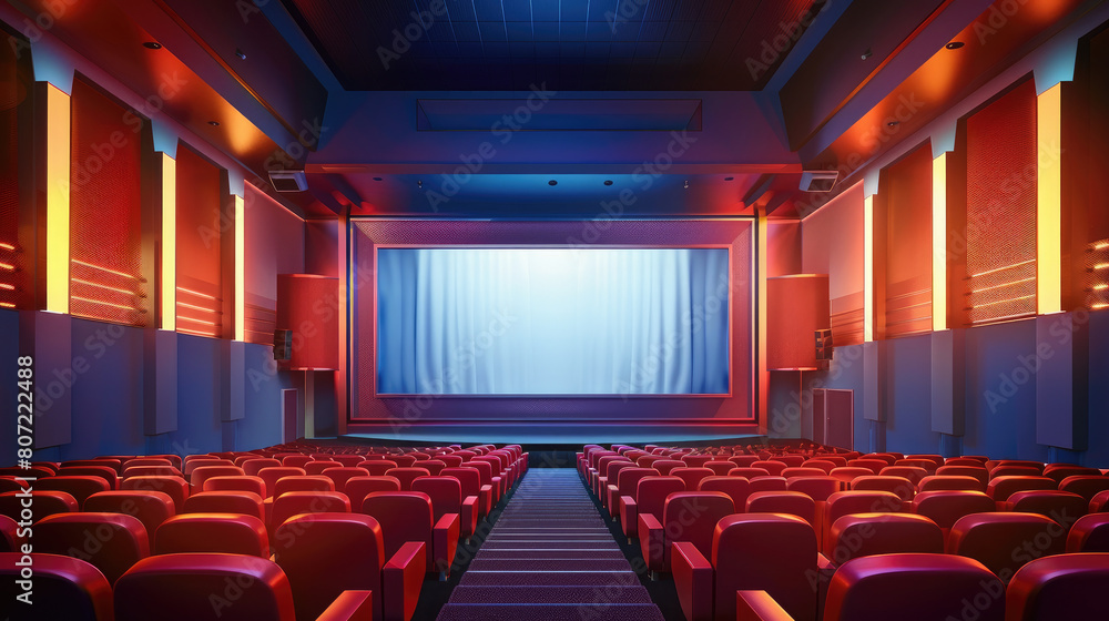 Fototapeta premium a theater with a big screen and rows of red chairs, cinema hall without people