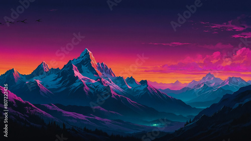 Sad beautiful artwork with pink clouds and mountains.Anime  manga landscape at dusk 