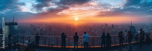 panoramic view of a cityscape from a rooftop during sunset, tourists taking photos and enjoying the view 