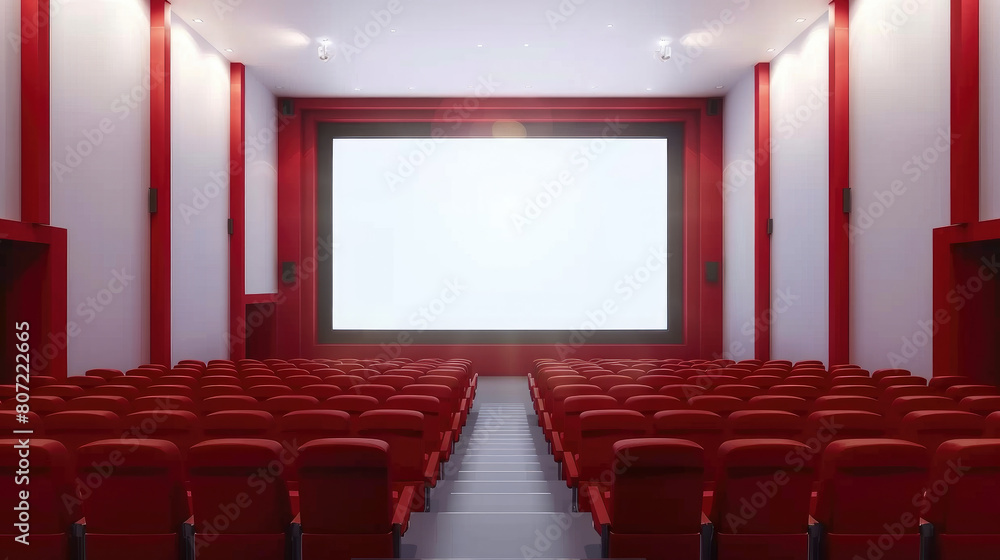 Fototapeta premium a theater with a big screen and rows of red chairs, cinema hall without people