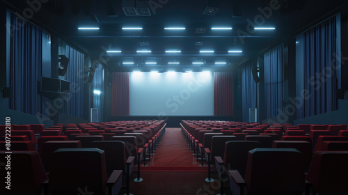 a theater with a big screen and rows of red chairs, cinema hall without people