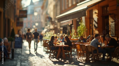 Outdoor Café Scene in Bustling European City with Patrons Enjoying Coffee and Pastries

