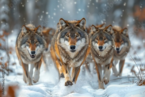Group of wild wolves running in winter forest   Animals in nature