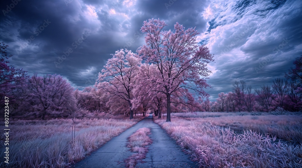 AI generated illustration of a road in a field with autumn trees and grass on a cloudy day AI generated illustration of a road in a field with autumn trees and grass on a cloudy day