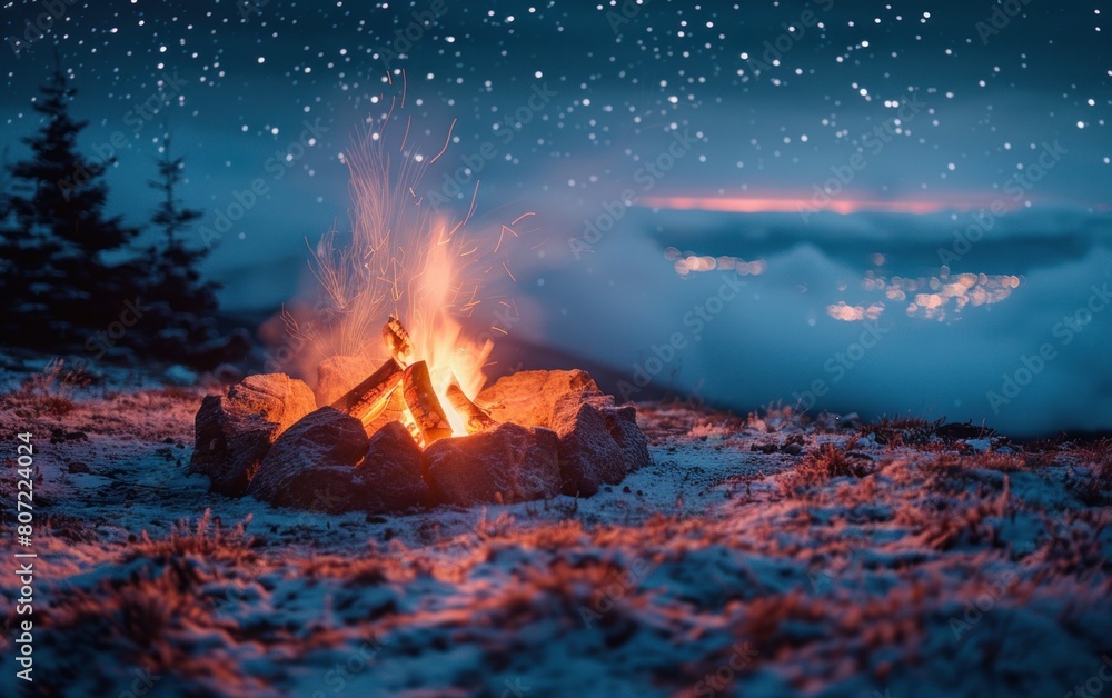 Campfire burning bright in the middle of a snowy field Campfire burning bright in the middle of a snowy field