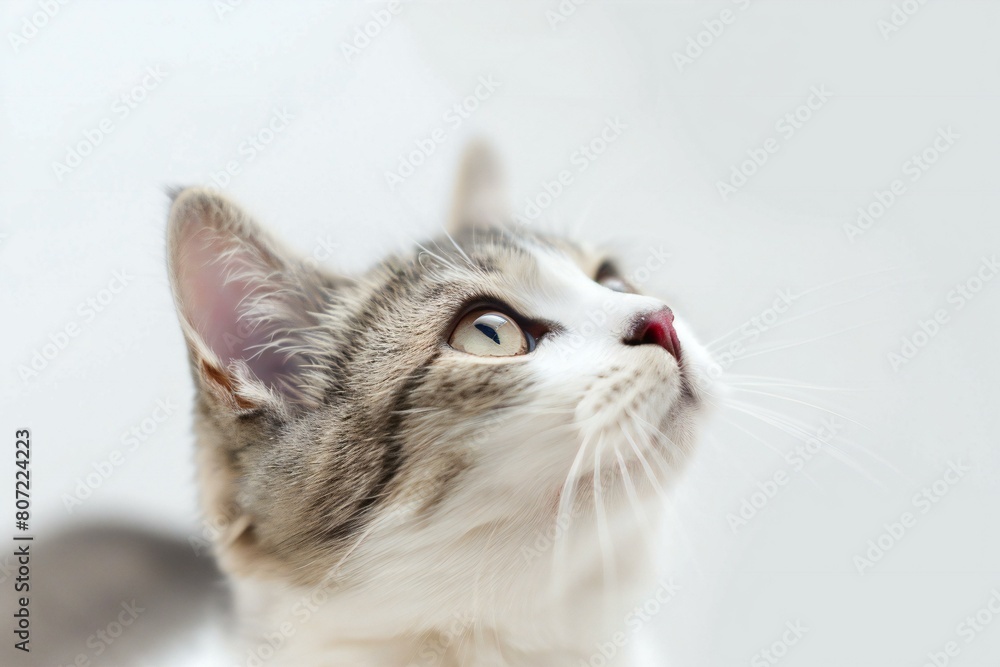 Close-up portrait of a tabby cat on a white background