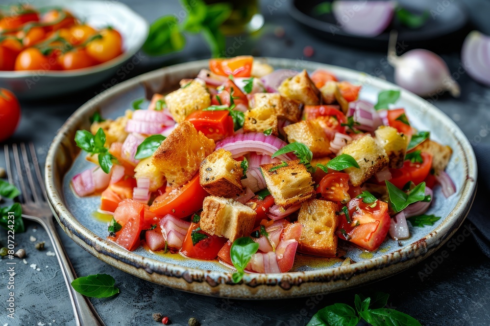 Italian panzanella salad croutons onion tomatoes on ceramic plate in modern style Traditional cuisine Aesthetic composition