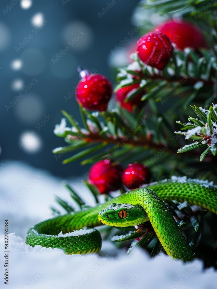 Fototapeta premium Christmas fir branches and a green snake.