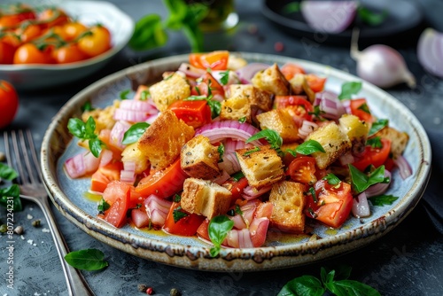 Italian panzanella salad croutons onion tomatoes on ceramic plate in modern style Traditional cuisine Aesthetic composition