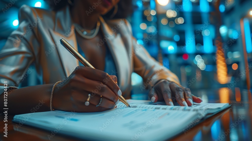 Obraz premium A Close-Up View of a Black Corporate Woman's Hands, Flawless Skin, Engaged in Writing Notes on a Notebook at a Spacious Office Desk