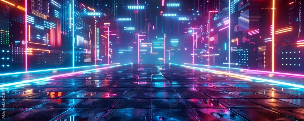 Futuristic cityscape with neon lights and reflective surfaces. Cyberpunk urban setting with vibrant pink and blue neon illumination.