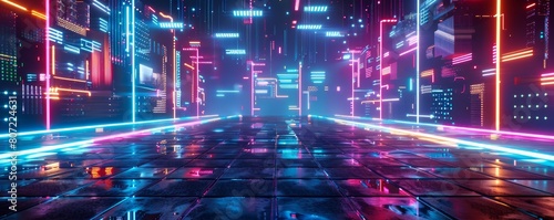 Futuristic cityscape with neon lights and reflective surfaces. Cyberpunk urban setting with vibrant pink and blue neon illumination.