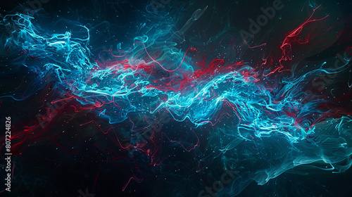 A digital artwork where luminous trails of blue and red ink weave through the darkness of water, creating an abstract landscape of light and color.  photo