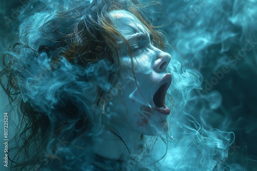 Portrait of a beautiful young woman with blue smoke on her face