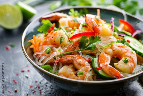 Macro bowl with glass noodle Thai salad prawns and veggies Horizontal photo
