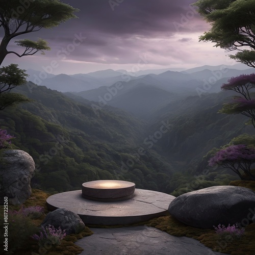 3d render of the stone podium with tree and mountain in the background
