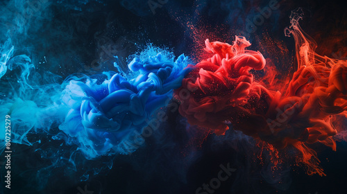 A digitally crafted scene depicting the explosive meeting of blue and red acrylic inks in water, set against a dark abyss.  photo