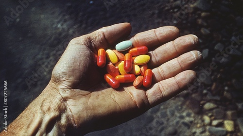 Hand clutching a series of different pills, close-up showing the variety and medical necessity