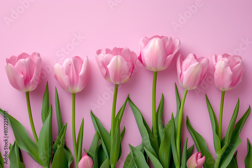 Pink tulips on a pink background with empty copy space for message and logos  romantic floral arrangement  elegant and feminine  springtime beauty  simple  elegant compositions  stylish 